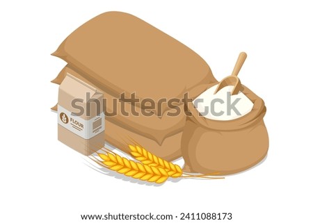 Isometric wheat flour in sack and spikelets isolated on white. Healthy eating and dieting food. Flour contains gluten