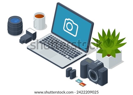 Isometric professional DSLR photo camera, Digital camera. Media technology and photography concept