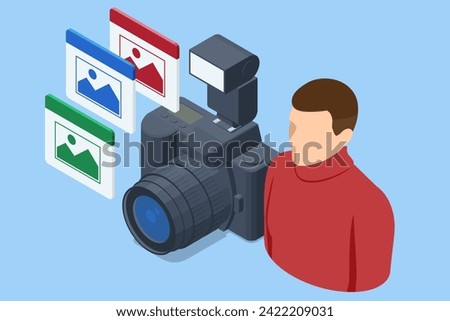 Isometric professional DSLR photo camera, Digital camera. Media technology and photography concept