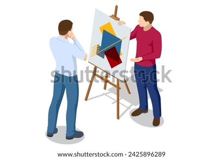 Isometric two male artists discussing an abstract drawing on an easel. Painting, drawing and artwork concept. Art, creativity, hobby, job and creative occupation