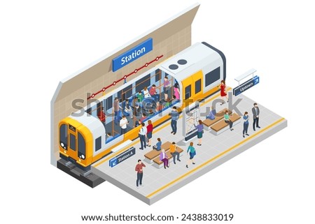 Isometric subway station platform. Included underground train, station and route cross section, bridge. Subway station, railway rapid transit system, metro platform