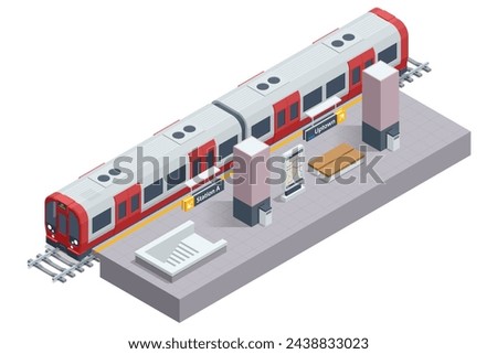 Isometric subway station platform. Included underground train, station and route cross section, bridge. Subway station, railway rapid transit system, metro platform