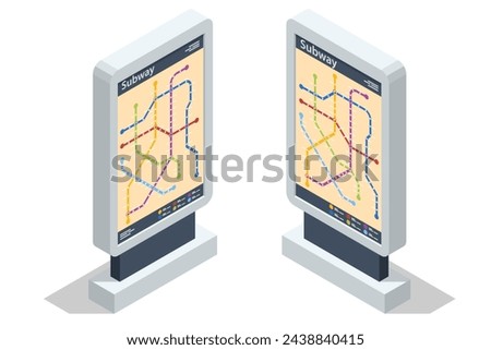 Isometric metro or subway map. Underground way. Fictional metro map. Subway station platform. High speed train.