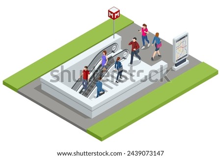 Isometric Entrance to the Subway isolated on white. Vehicles designed to carry large numbers of passengers. Underground train station exterior. Metro system, metropolitan city transport.