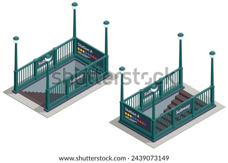 Isometric Entrance to the Subway isolated on white. Vehicles designed to carry large numbers of passengers. Underground train station exterior. Metro system, metropolitan city transport.