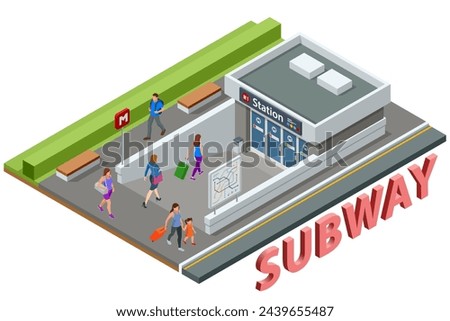 Isometric External view of the entrance to the subway station. Vehicles designed to carry large numbers of passengers. Underground train station exterior. Metro system, metropolitan city transport