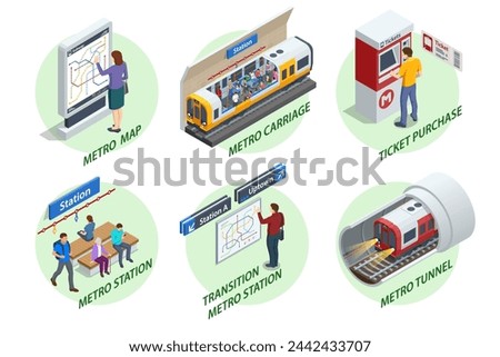 Isometric set Subway Elements. Turnstile ticket check, Enter to Metro, Escalator, Ticket purchase, Metro-carriage, Transition metro station, Metro-station, Metro-Tunnel