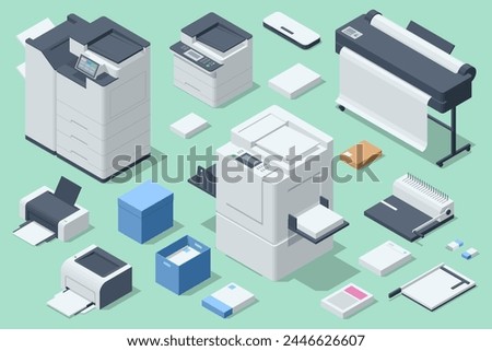 Isometric set of plotter, laminator, binder, cutter, risograph, laser printer and inkjet printer. Printing services, Printing house industry.