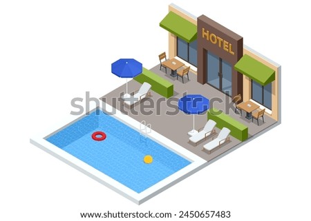 Isometric Modern Bedroom Suite in Hotel. Luxury Gotel and Exterior Design Pool Villa with Living Room, Sunbed and Sofa. Enjoy the Holiday and Vacation. Mobile Application, Hotel Booking Online