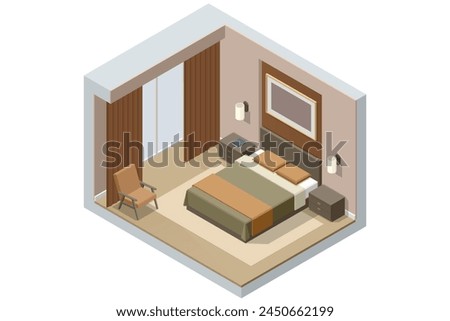 Isometric Modern Bedroom Suite in Hotel. Hotel Checking in and Having Rest in Their Rooms. Enjoy the Holiday and Vacation. Mobile Application, Hotel Booking Online on Website.