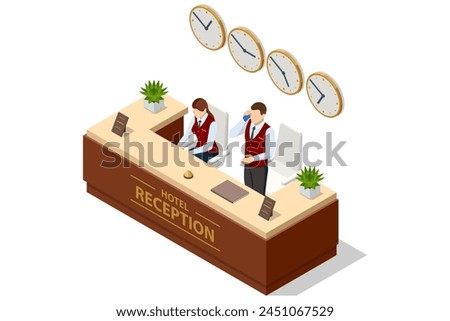 Isometric Hotel Reception Interior. Reception Desk. Young Woman Receptionist Character Standing. Tourism, Hotel Arriving, Tourism, Business Trip Inn Service.