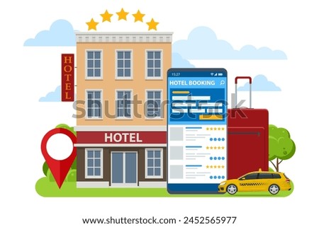 Isometric online hotel booking concept. Buying ticket with smartphone. People booking hotel and search reservation for holiday. Smartphone maps gps location