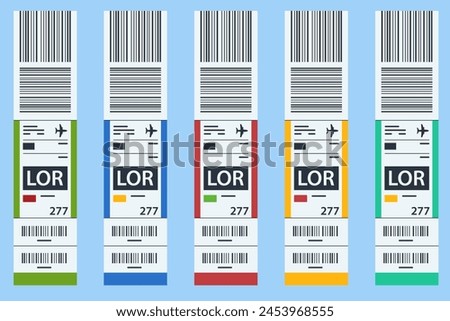 Luggage paper tags with barcode. Baggage information and identification tape mockup. Travel transportation bar code. Airport luggage barcode sticker. Sticky baggage label, hand luggage tag template.
