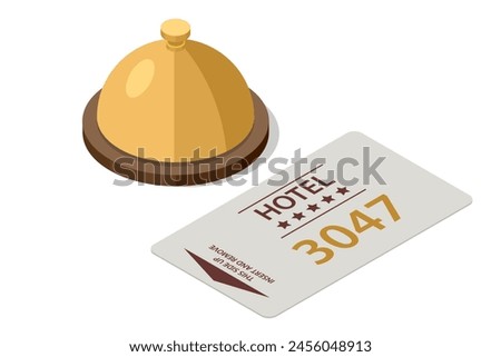 Isometric Hotel service bell and Key card, reception bell. Hotel service bell on a table, Electronic modern system for opening, closing, lock and unlock doors. Concept hotel, travel, room