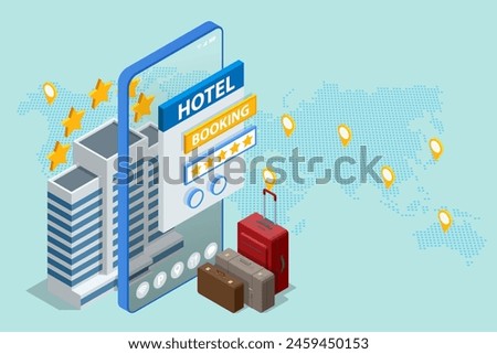 Isometric online hotel booking concept.People booking hotel and search reservation for holiday. Smartphone maps gps location.