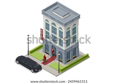 Isometric Expensive hotel entrance and taxi car. Doorman standing in front of hotel entrance doors, Porter with Baggage. Online hotel booking. Luxury hotel building facade.