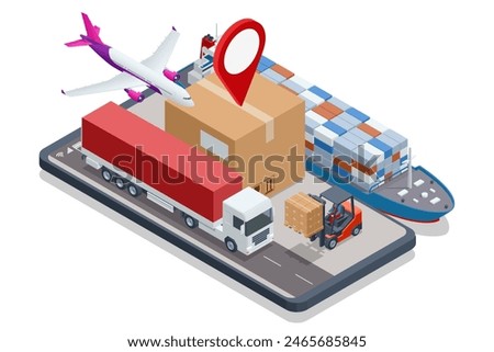 Global logistics network isometric air cargo trucking rail transportation maritime shipping On-time delivery Vehicles designed to carry large numbers of cargo