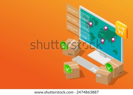 Isometric global logistics network. Fast delivery, shopping online, Internet payments, protection money transfer, online bank