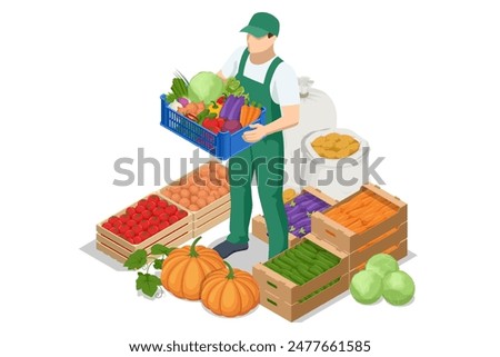 Isometric Vegetables Sale. Farmer sells fresh vegetables. Natural fresh products. Sellers and marketing concept. Farmer market