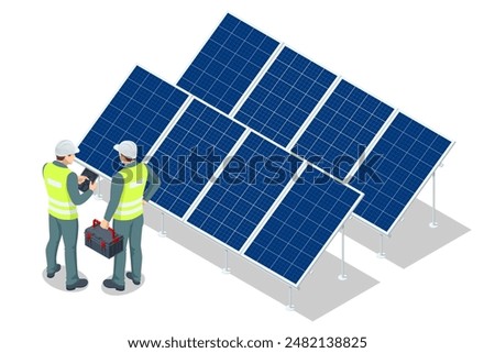 Isometric Solar energy, Photovoltaic panels, PV system, Photovoltaics, Solar modules, Solar field technician is examining the efficiency of a solar panel array.