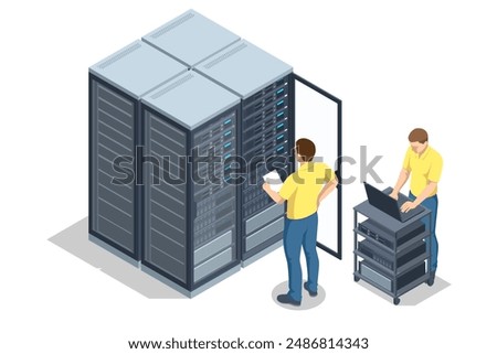 Isometric Network computing technologies. Digital space. Data storage. The data center provides data storage and processing, delivering high performance for big data analysis and machine learning.