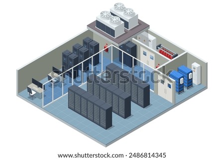 Isometric Network computing technologies. Digital space. Data storage. The data center provides data storage and processing, delivering high performance for big data analysis and machine learning.