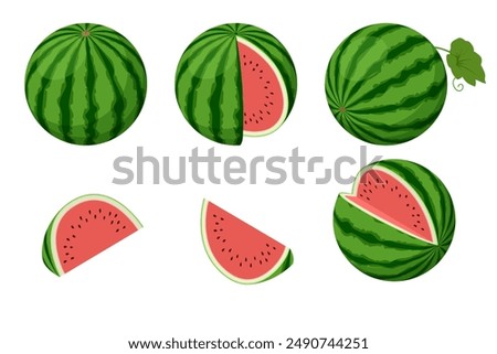 Isometric whole and half watermelon isolated on a white background. Summer sweet dessert