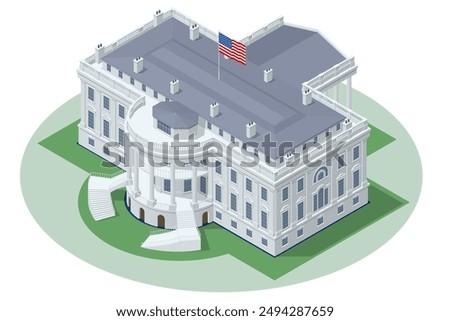 Isometric United States Capitol building with American flag, Washington DC, USA.