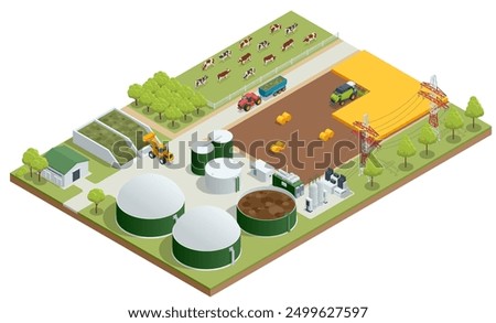 Isometric Modern biogas plant Biogas is an environmentally friendly clean, and cheap combustible gas produced from livestock manure and agricultural waste by microorganisms in an anaerobic environment