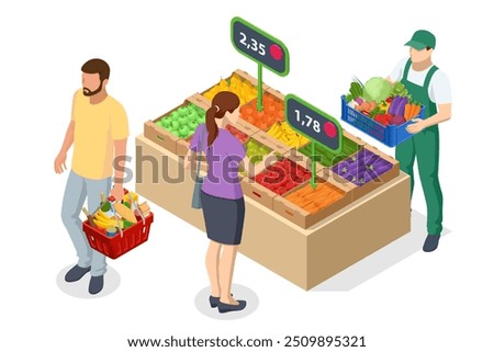 Online sale of vegetables and fruits. Isometric Farmer sells fresh Fruts and vegetables. Natural fresh products. Sellers and marketing concept. Farmer market.