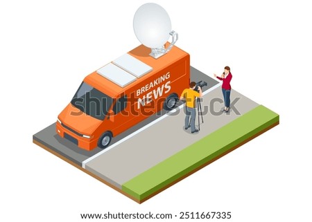 Isometric Broadcast Car with Satellite Dish. Car TV. Television Network. TV Live News Program.