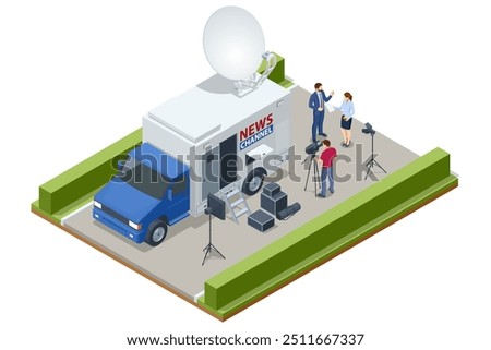 Isometric Broadcast Car with Satellite Dish. Car TV. Television Network. TV Live News Program.