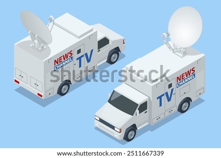 Isometric Broadcast Car with Satellite Dish. Car TV. Television Network. TV Live News Program.