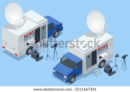 Isometric Broadcast Car with Satellite Dish. Car TV. Television Network. TV Live News Program.