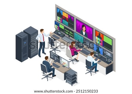 Isometric Profesional video studio. TV station, producer, broadcast control room. Show production maker. Television. Video equipment