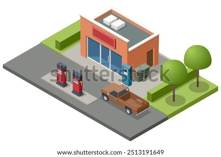 Isometric Old gas station. Exterior view of a store and gas station