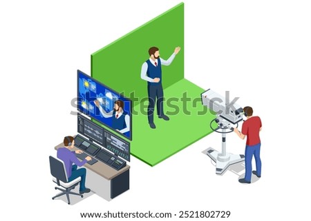 Isometric Meteorologist. Young man shows the weather forecast on the screens. Weather Forecast and Atmospheric Precipitation