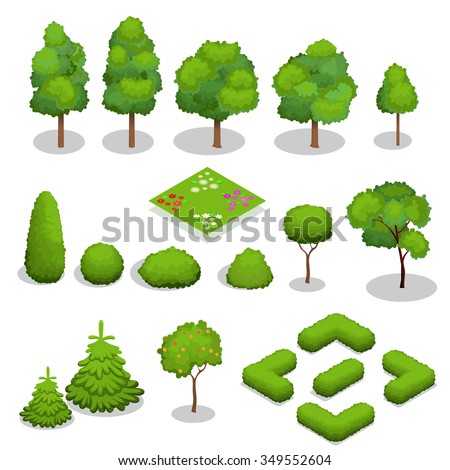 Trees isometric. Flowers, grass, big and small trees, leakage, bush, landscape, garden, park, elements. 