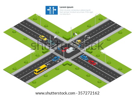 Crossroads and road markings isometric vector illustration for infographics. Transport car, urban and asphalt, traffic. Crossing Roads. City traffic.
