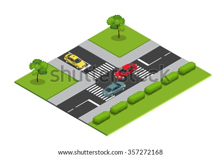 Crossroads and road markings isometric vector illustration for infographics. Transport car, urban and asphalt, traffic. Crossing Roads. City traffic.