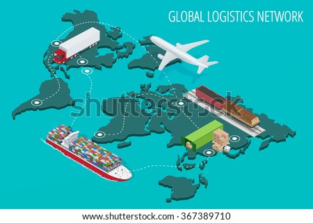 Global logistics network Flat 3d isometric vector illustration Set of air cargo trucking rail transportation maritime shipping On-time delivery Vehicles designed to carry large numbers of China cargo