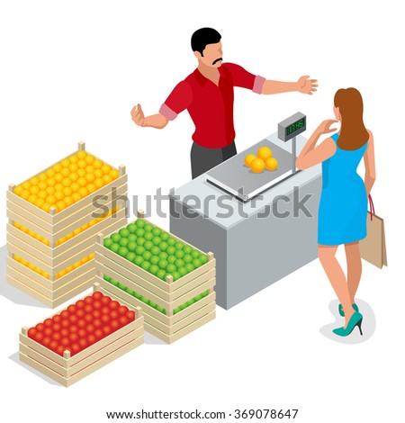 Beautiful woman shopping fresh fruits. fruit seller in a farmer market. Stand for selling fruit. Crate of apples, pears. Flat 3d isometric vector illustration for infographic. 