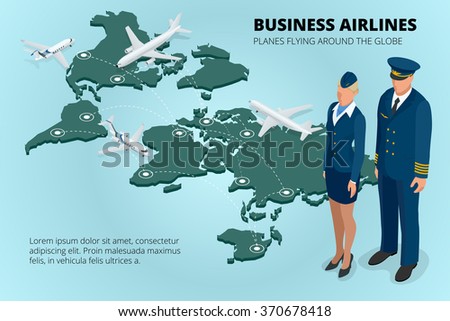 Business airlines, Planes flying around the globe. Flat 3d isometric vector illustration.