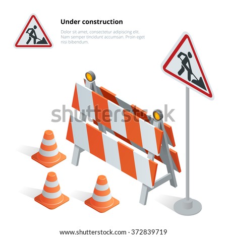 Road repair. Under construction sign.  Maintenance and construction of pavement. Flat 3d vector isometric illustration