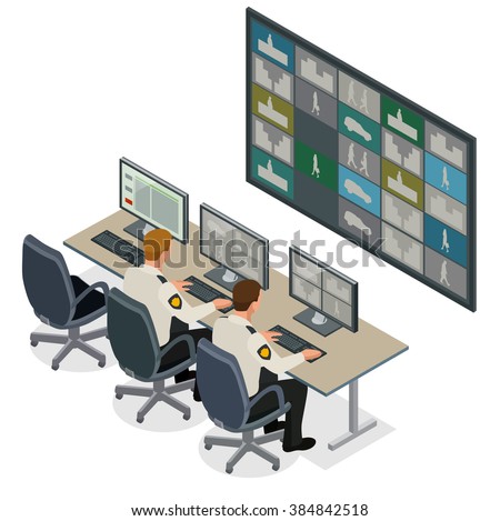 Security-guard watching video monitoring surveillance security system. Mans In Control Room-Monitoring Multiple Cctv Footage. Video surveillance concept. Flat 3d isometric vector illustration 