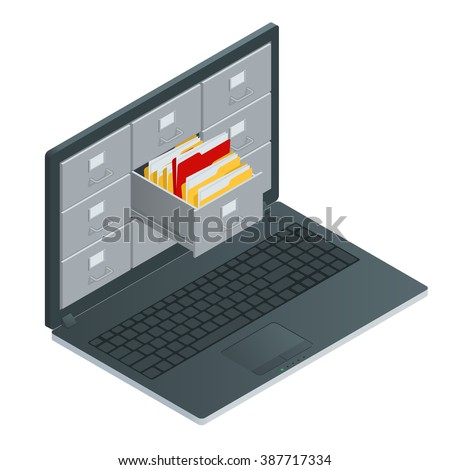 File cabinets inside the screen of laptop computer. 