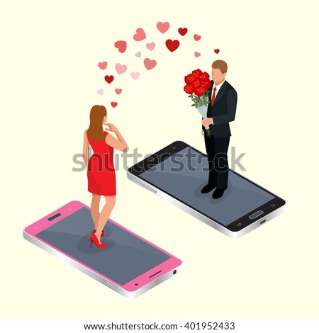 Online dating app. Man and woman on smartphones. Acquaintance through the social network. Flat 3d isometric vector illustration. For infographics and design games.