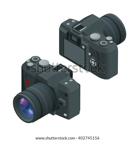 Digital photo camera. SLR camera. Flat 3d vector isometric illustration of Camera.. 