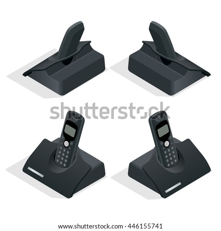 Wireless landline phone with cradle. On a white background. Flat 3d vector isometric illustration. 
