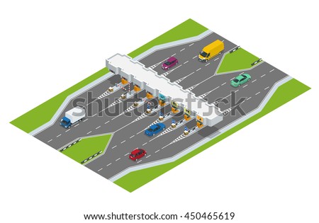 Highway toll. Turnpike tollson. Road payment checkpoint with toll barriers on the highway, cars and trucks. Flat 3d vector isometric illustration